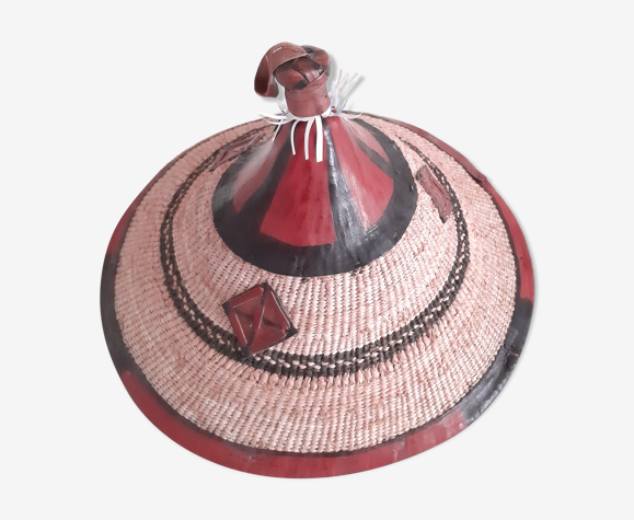 Ancien chapeau africain rond ,paille tressé et cuir | Selency