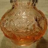 Pink molded pressed glass vase decorated with hazel foliage
