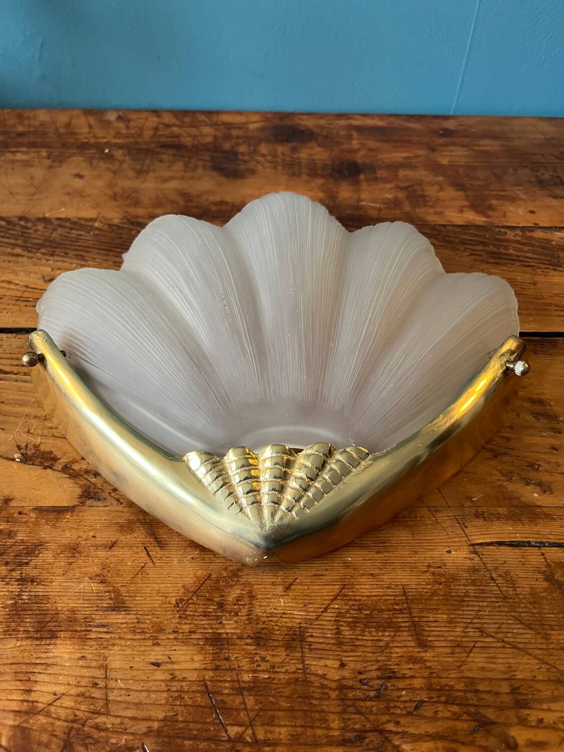 2 brass shell wall lamp covers in art deco molded glass