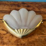 2 brass shell wall lamp covers in art deco molded glass