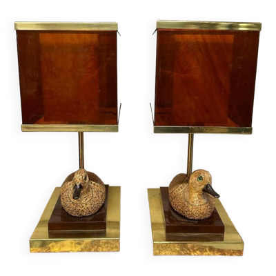 Paire De Lampes Canards En Laiton Et Bakélite Des Années 1970