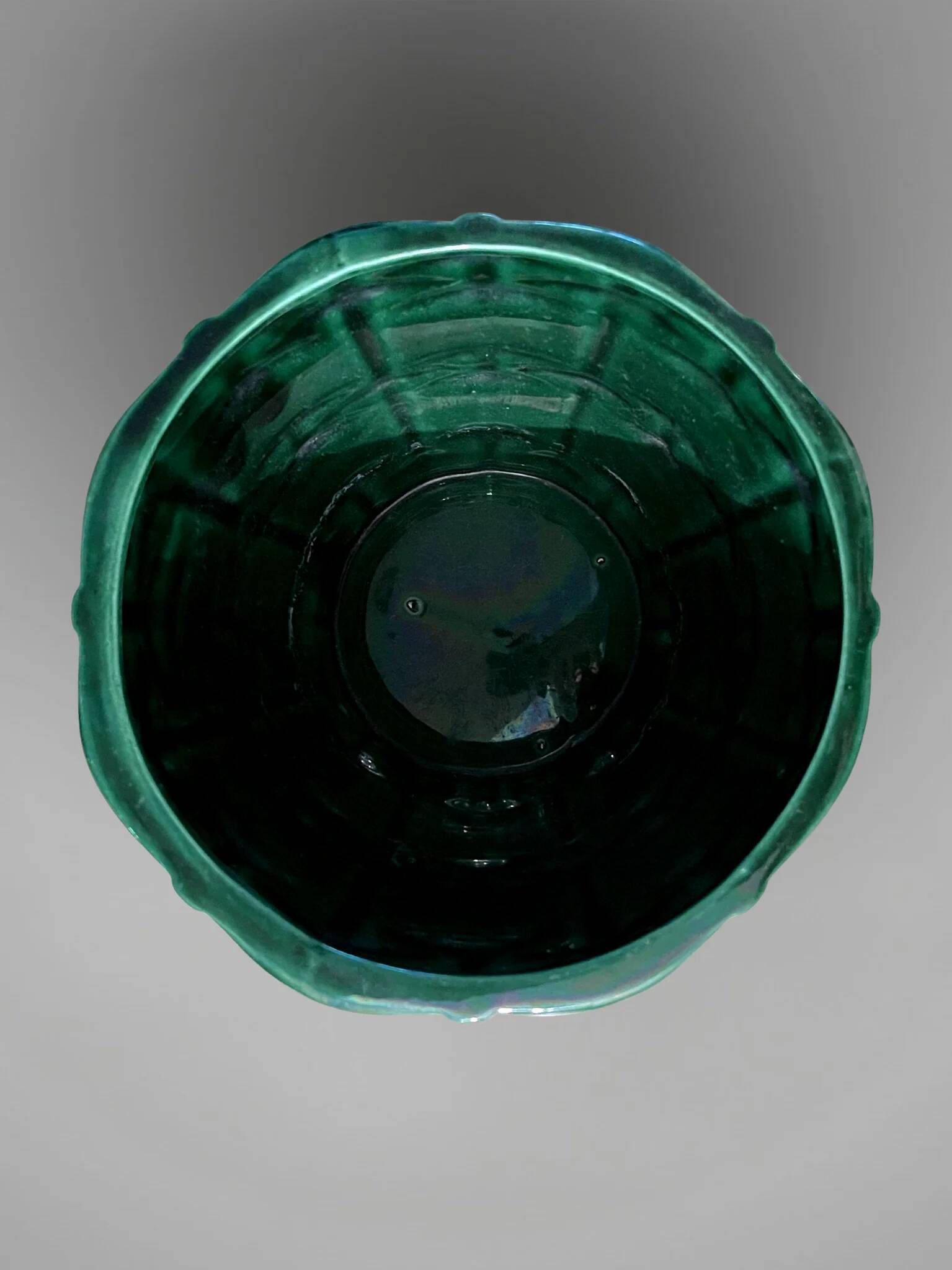 Cache-pot, Art Deco planter by Saint-Clément signed by Blanche Letalle in malachite green glazed ceramic.