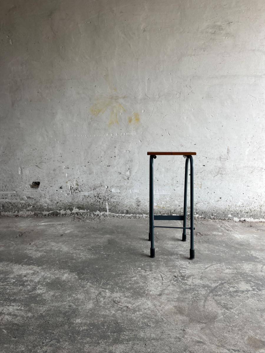 Upcycled industrial laboratory stool, black/grey metal frame with natural wood seat, mid-20th century