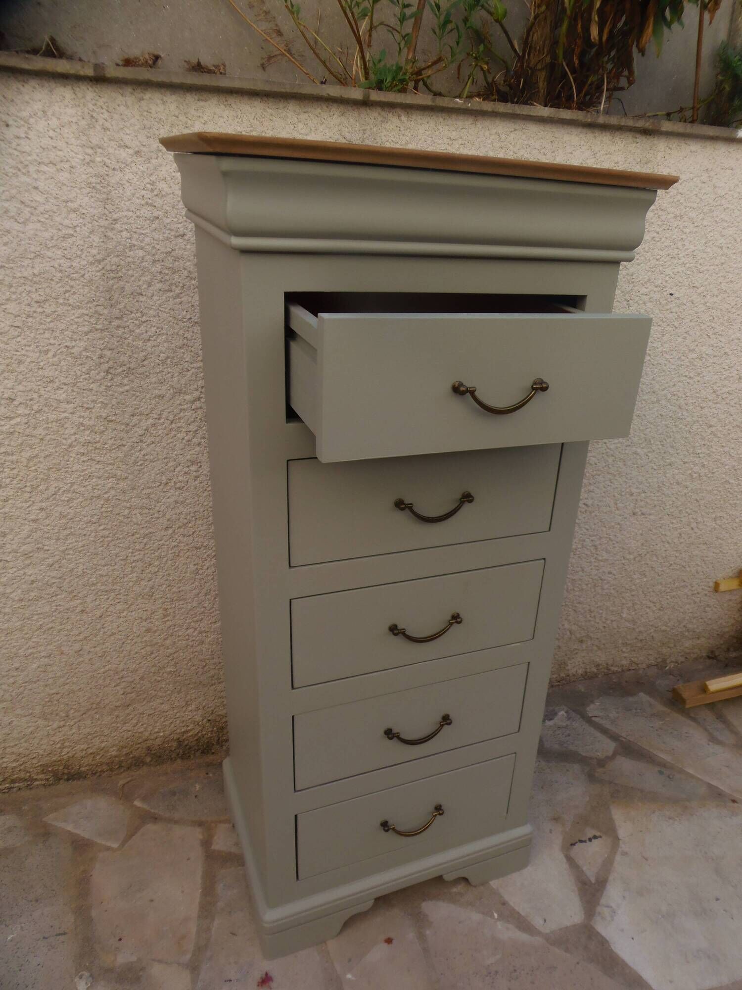 Chiffonnier style Louis Philippe, entièrement restauré sublimé vert de gris