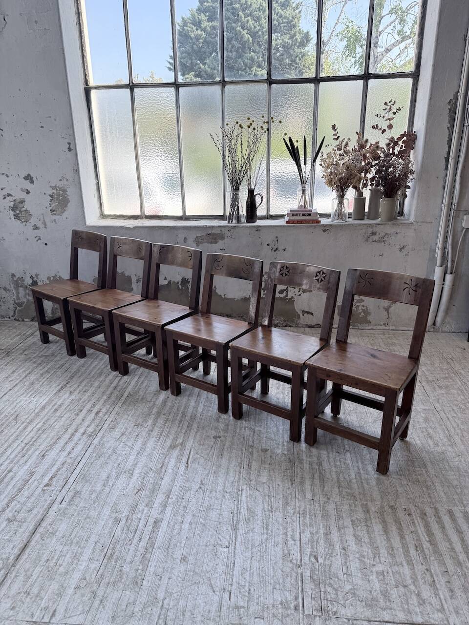 Set of 4 Savoyard pine folk art chairs from the 1950s.