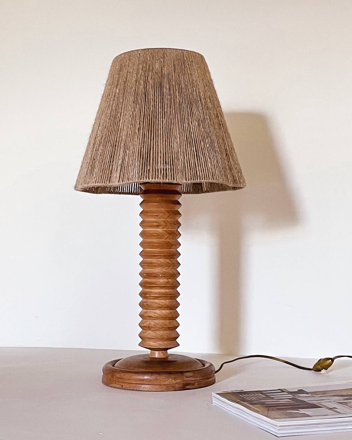 Turned wood lamp and jute lampshade