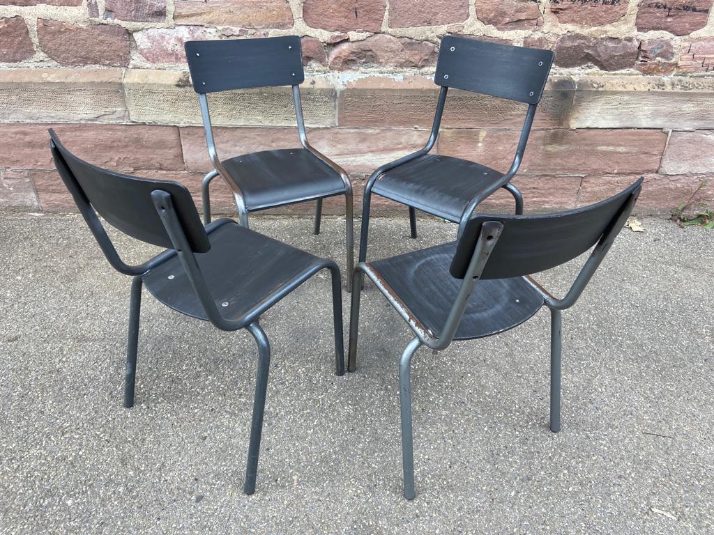 4 industrial school chairs tubular steel and mullca type wood