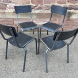 4 industrial school chairs tubular steel and mullca type wood