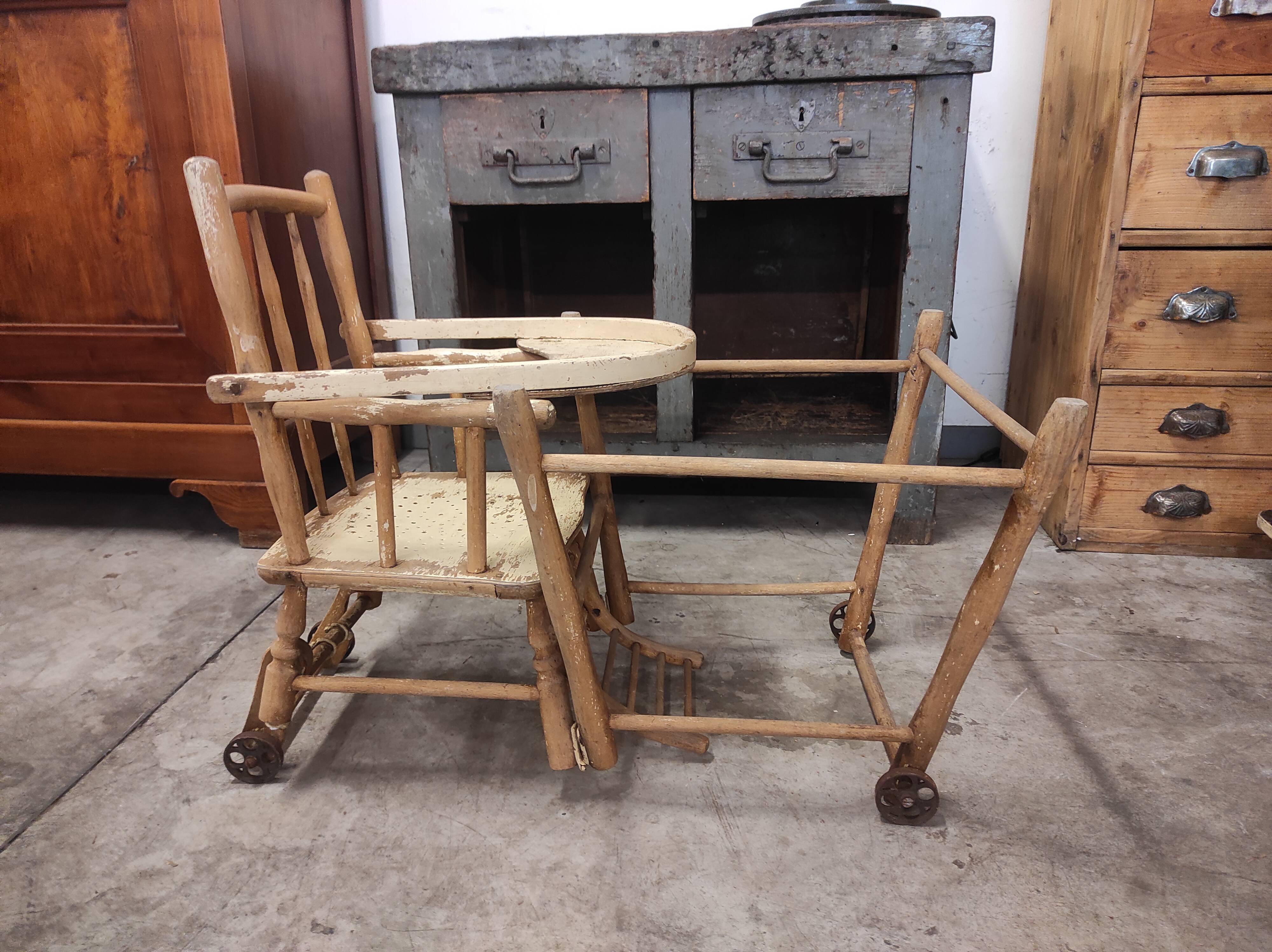 High chair retro baby old wood beech modular patinated white cream art deco dlg Baumann