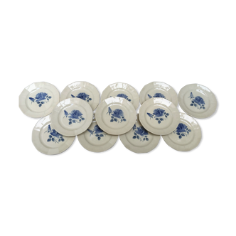 Set 12 assiettes dessert Digoin motif roses bleues