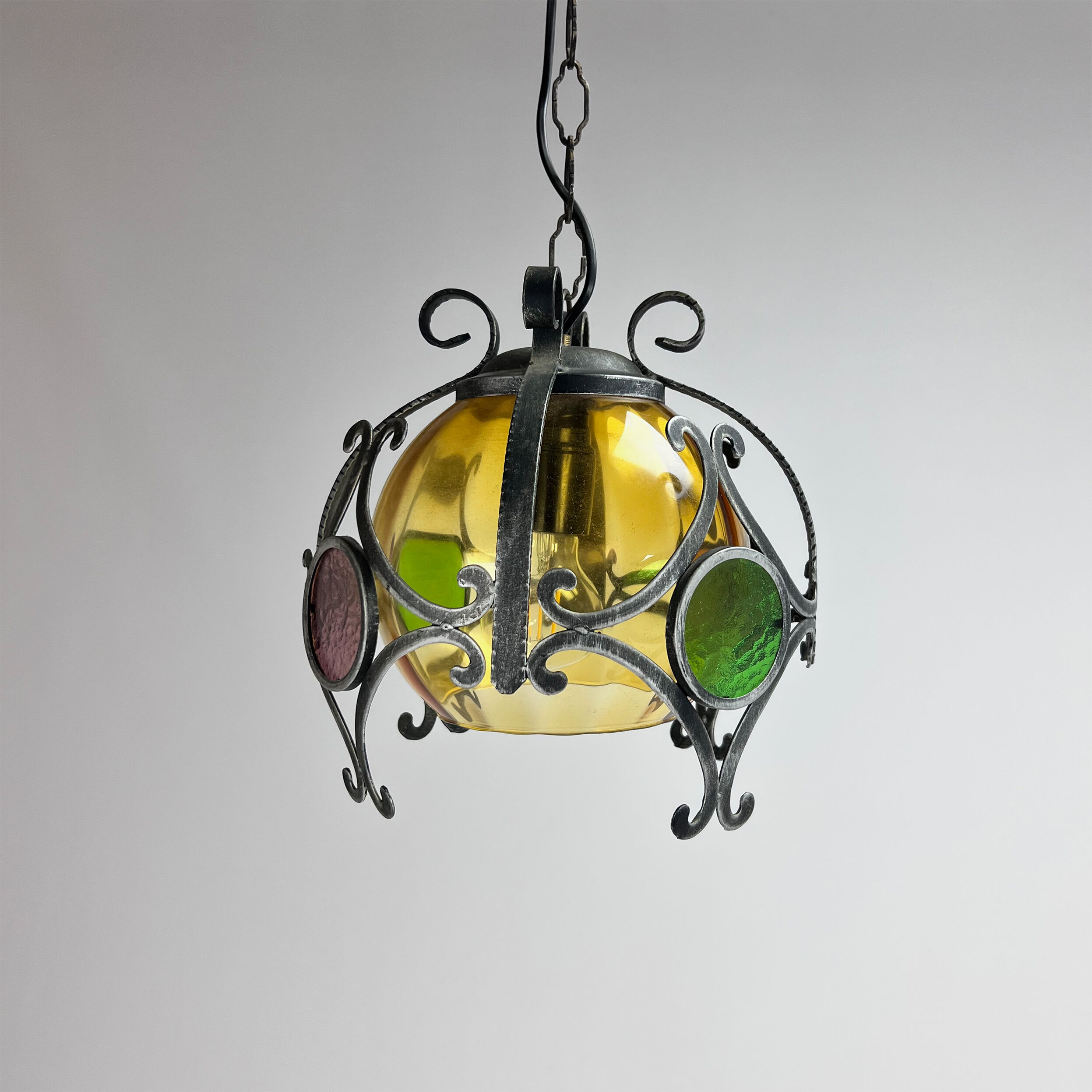 Brutalist cast iron and colored glass pendant, 1970s