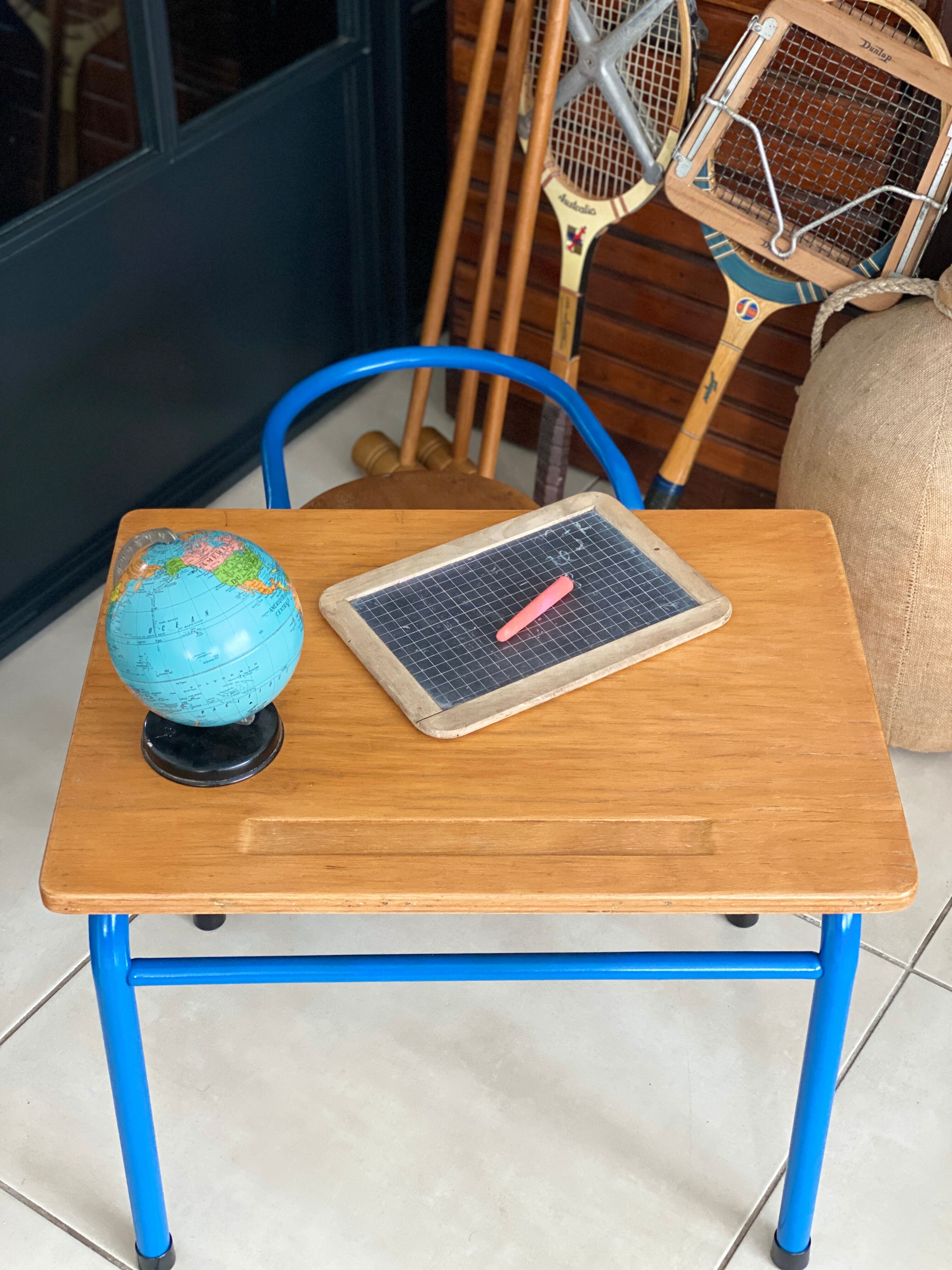 Blue desk and school chair set  design Jacques Hitier
