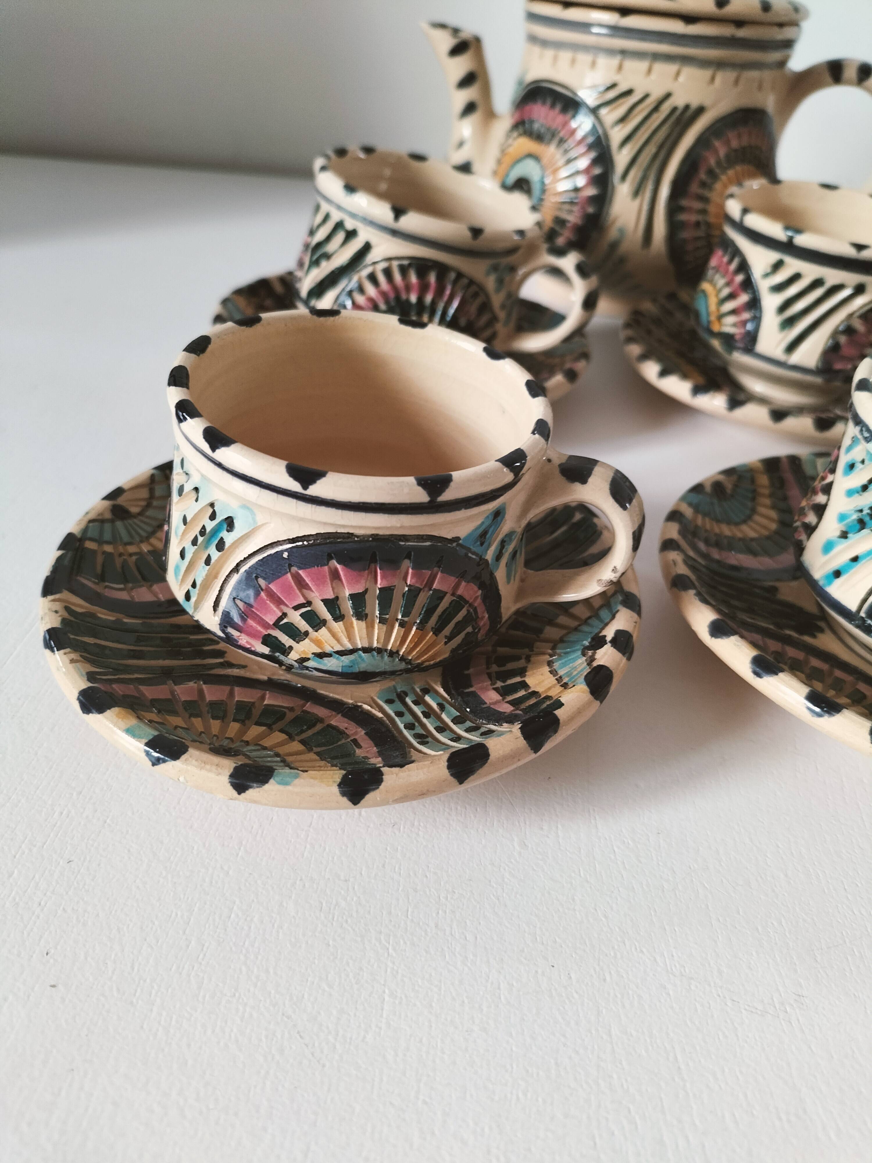 Vintage Moroccan tea set, teapot and 6 cups and saucers
