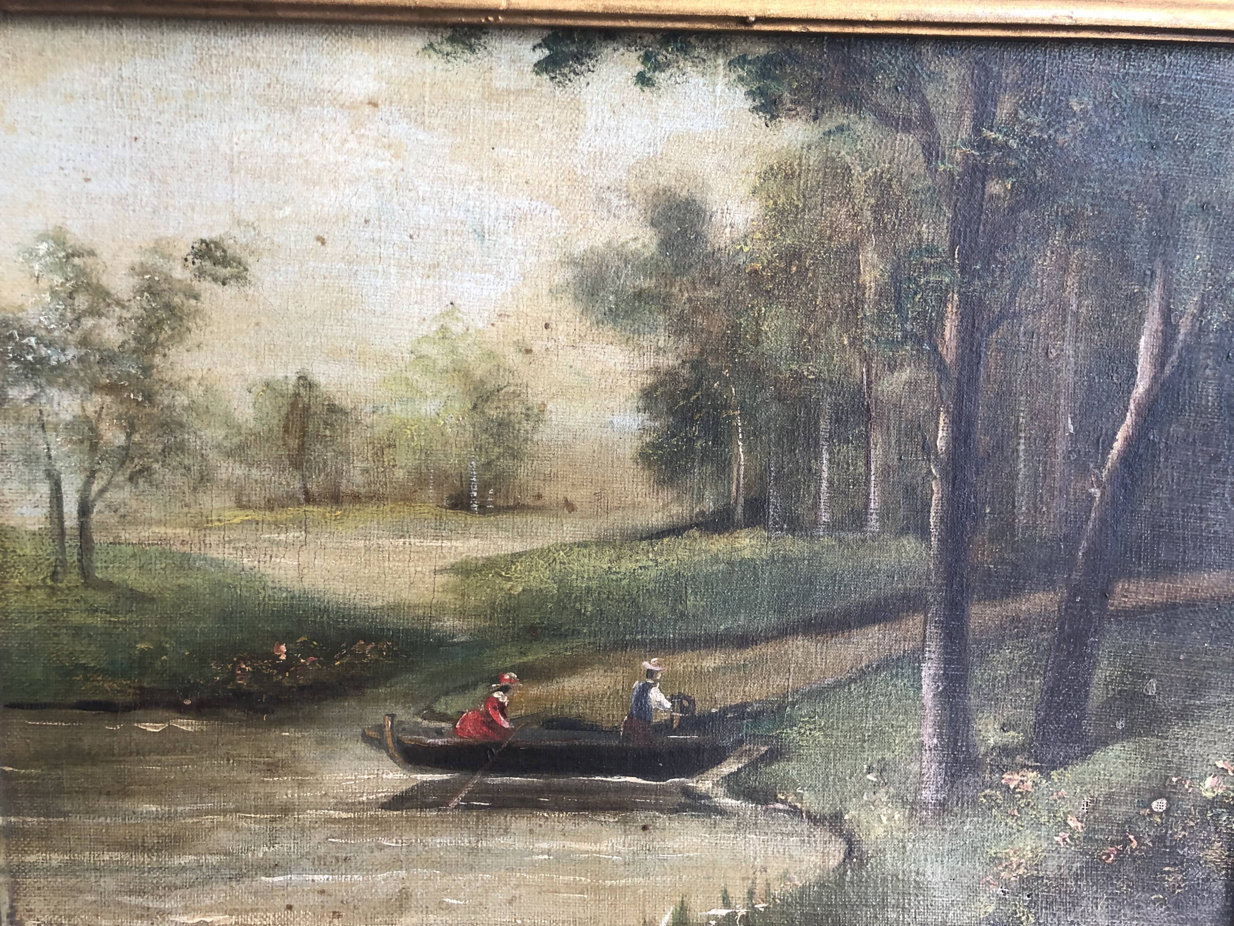Oil on canvas framed Landscape with boat