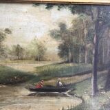 Oil on canvas framed Landscape with boat