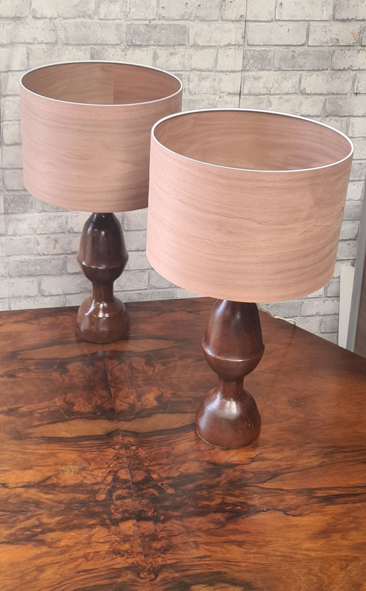 pair of 1960s Scandinavian lamps in solid varnished wood and veneered lampshades