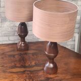 pair of 1960s Scandinavian lamps in solid varnished wood and veneered lampshades