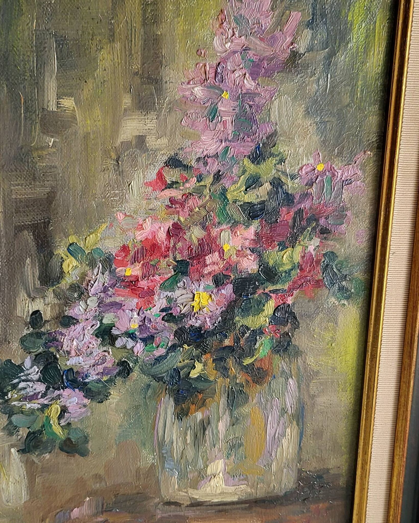 Still Life with Flower Bouquet Oil on Canvas Wooden Frame