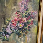 Still Life with Flower Bouquet Oil on Canvas Wooden Frame