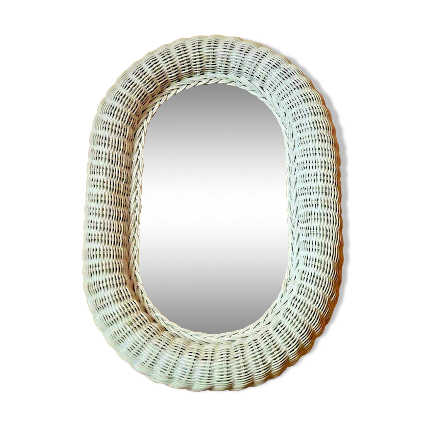 Vintage French White Oval Rattan Mirror Plywood Back Hanging Hook.
