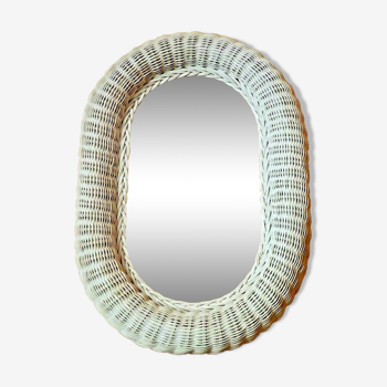 Vintage Français Blanc Ovale Miroir en contreplaqué Dos Crochet suspendu.