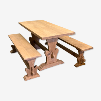 Monastery table in raw oak and its 2 benches