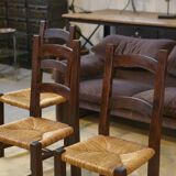 Set of 4 chairs in elm and straw by Aranjou 1950s