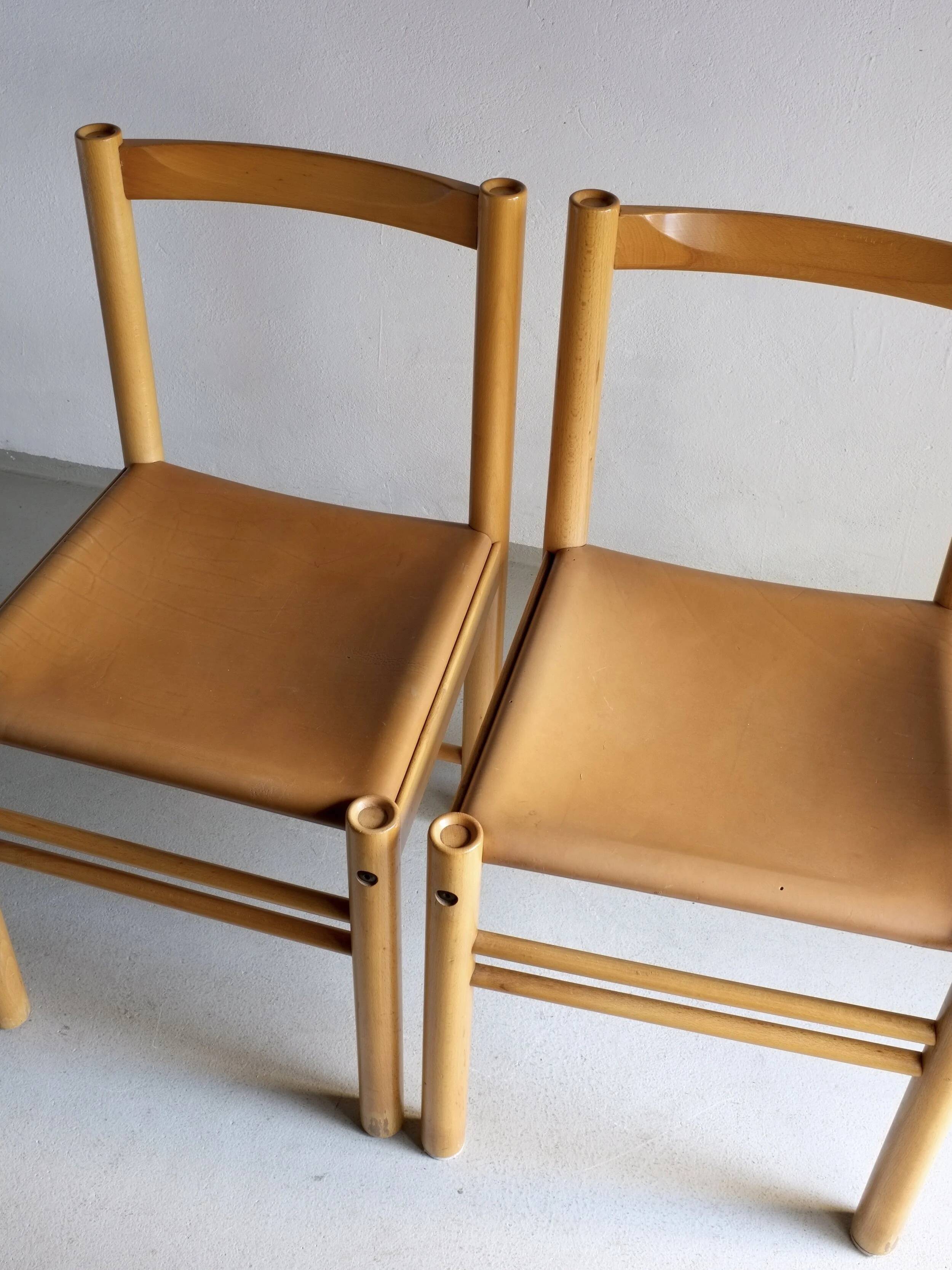 6 beech wood cognac leather chairs | Ibisco | Italy | 1960s