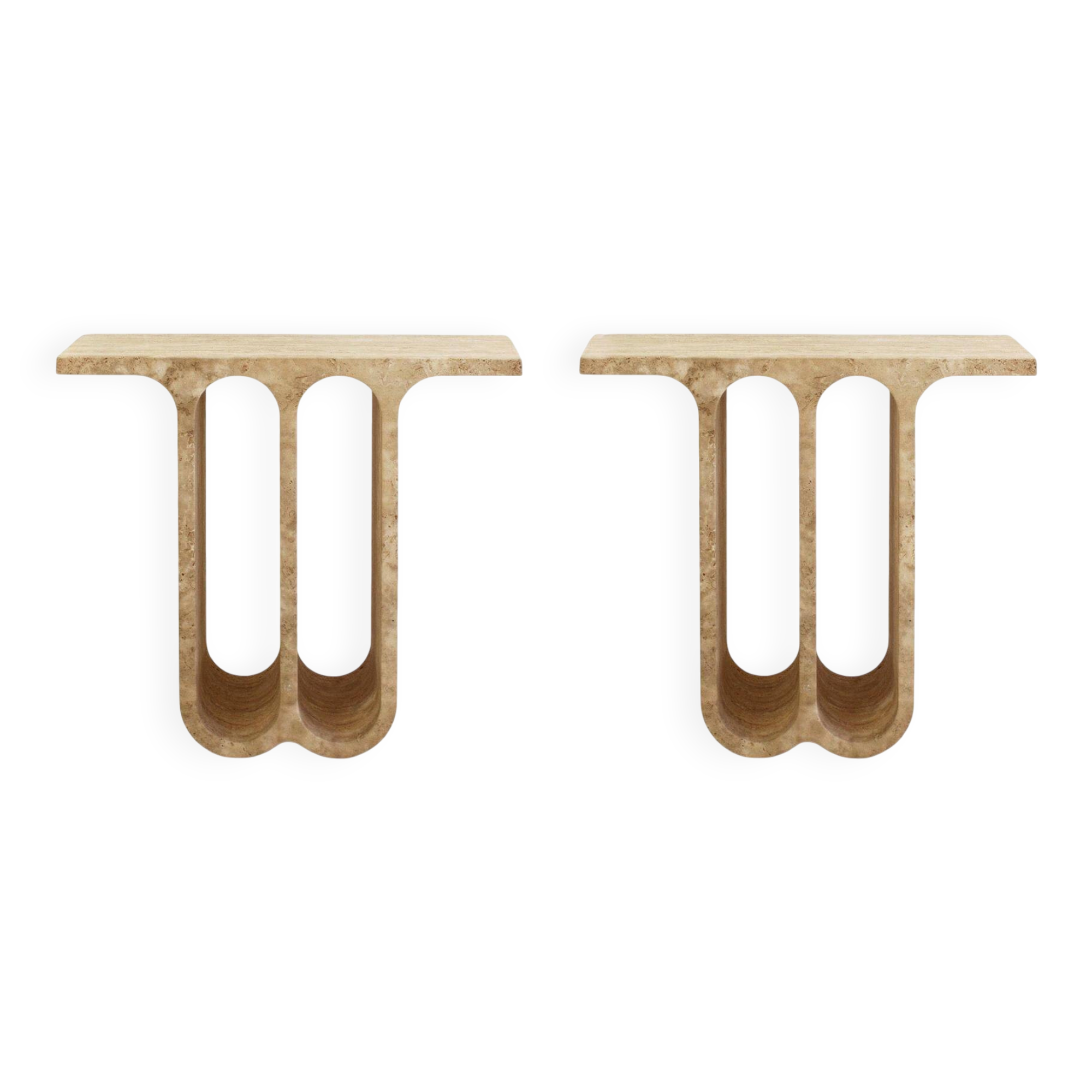 Modern Pair of Italian Ivory Travertine Consoles with Semi-Circular Arches