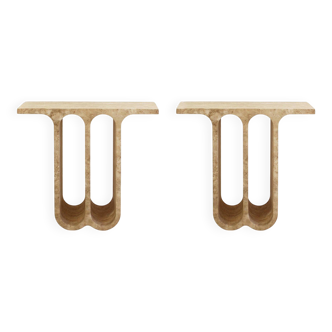 Modern Pair of Italian Ivory Travertine Consoles with Semi-Circular Arches