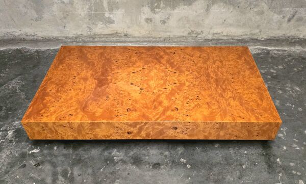 Table basse Jean-Claude Mahey pour Roche Bobois, placage de loupe d’orme, a