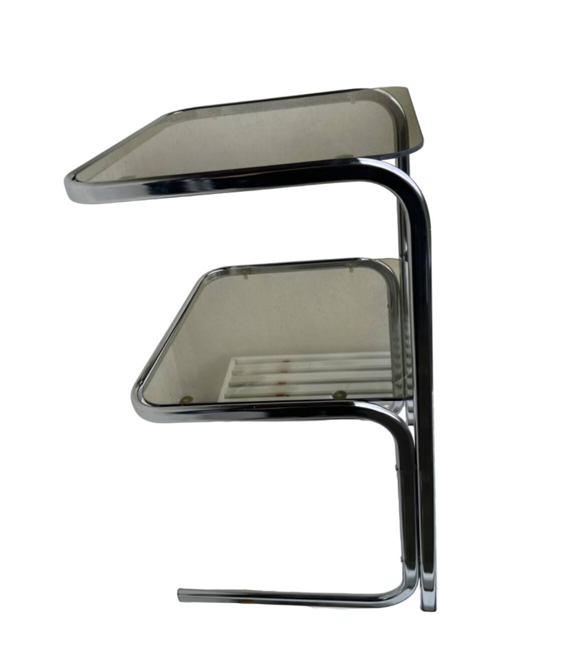 Vintage 1970s side table in smoked glass and chrome.