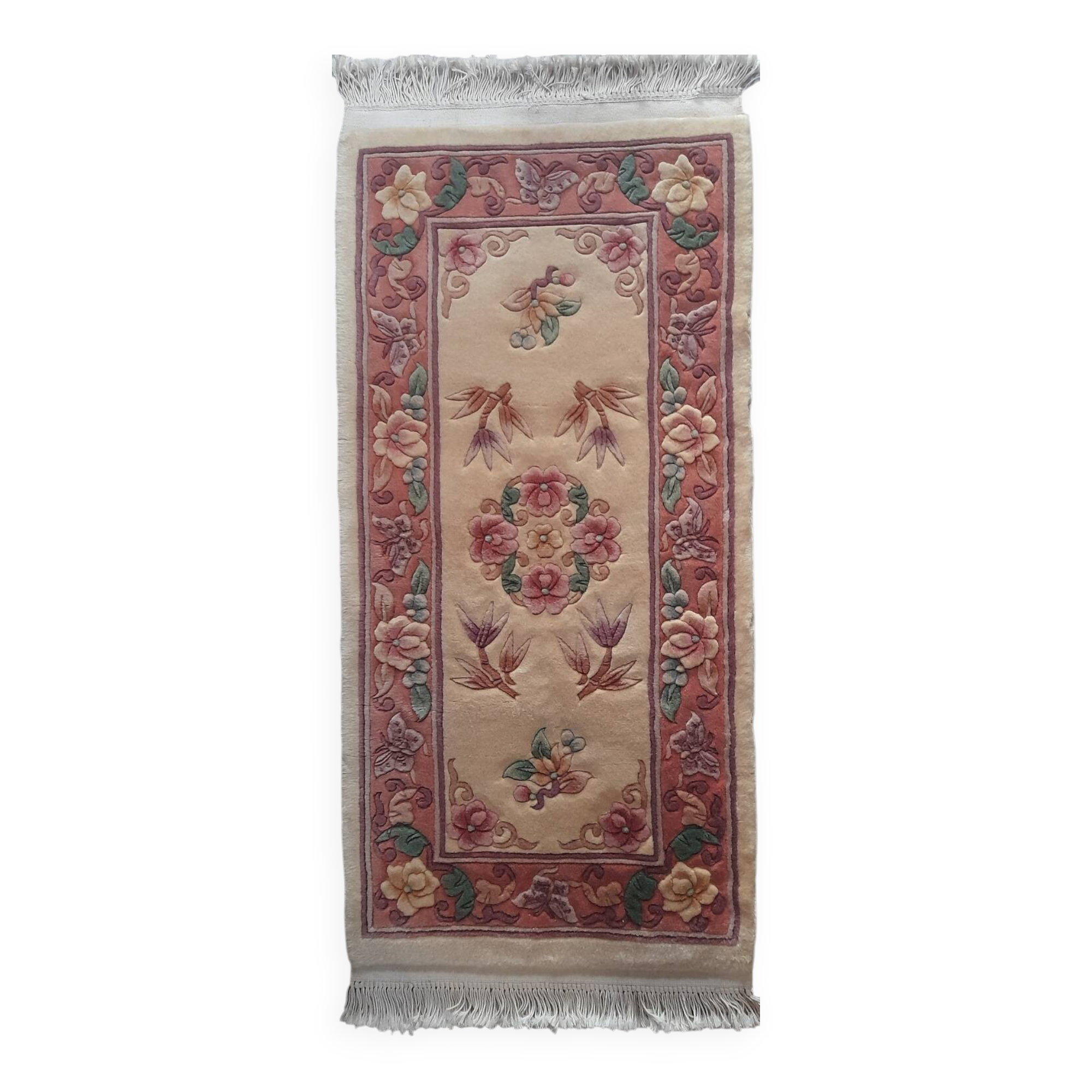 Vintage Chinese rug 120 x 60 cm with reliefs, Beijing flowers, handmade.