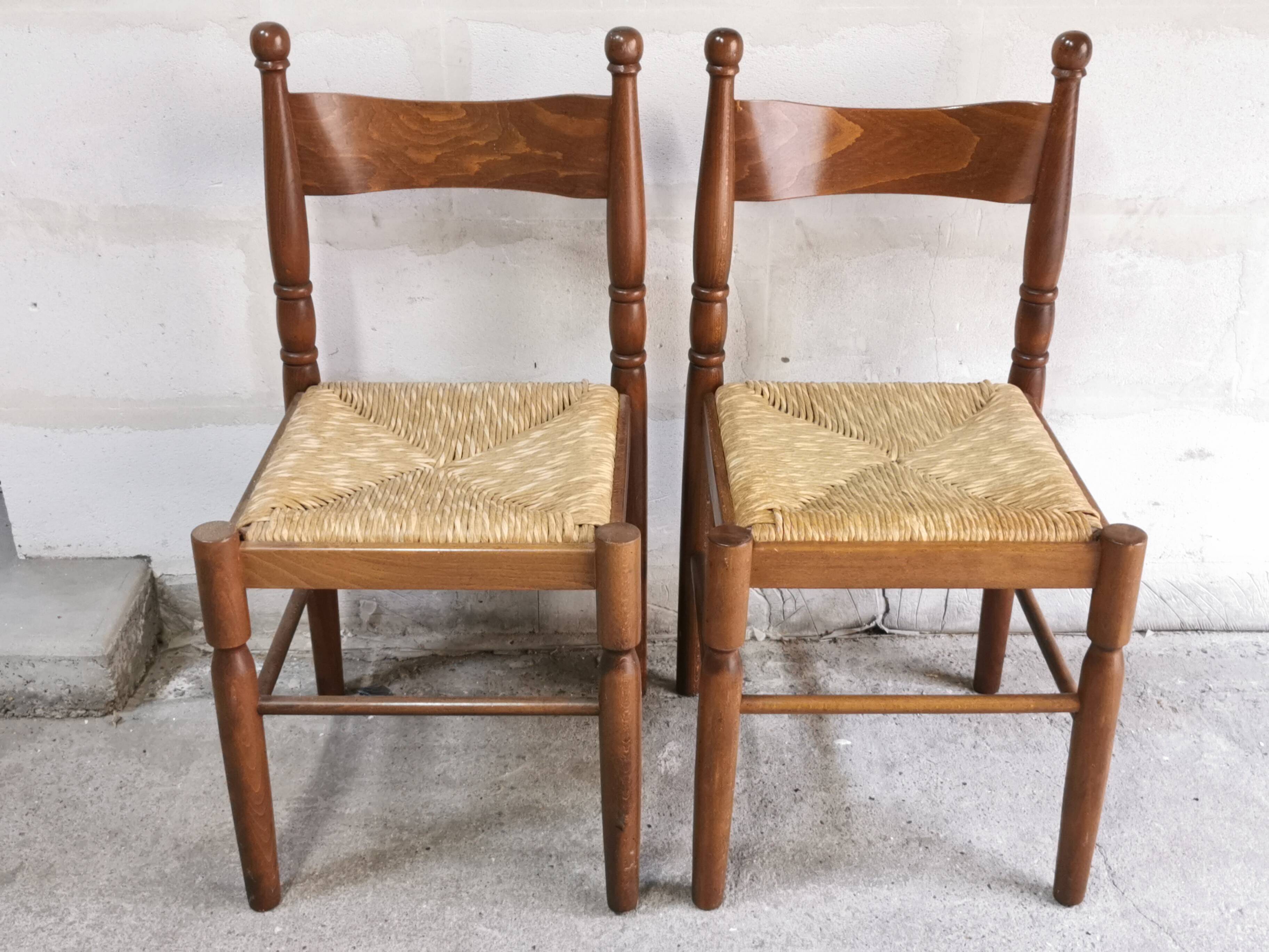 Pair of vintage wood and straw chairs