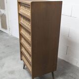 Oak and rattan compass leg chiffonier from the 50s-60s