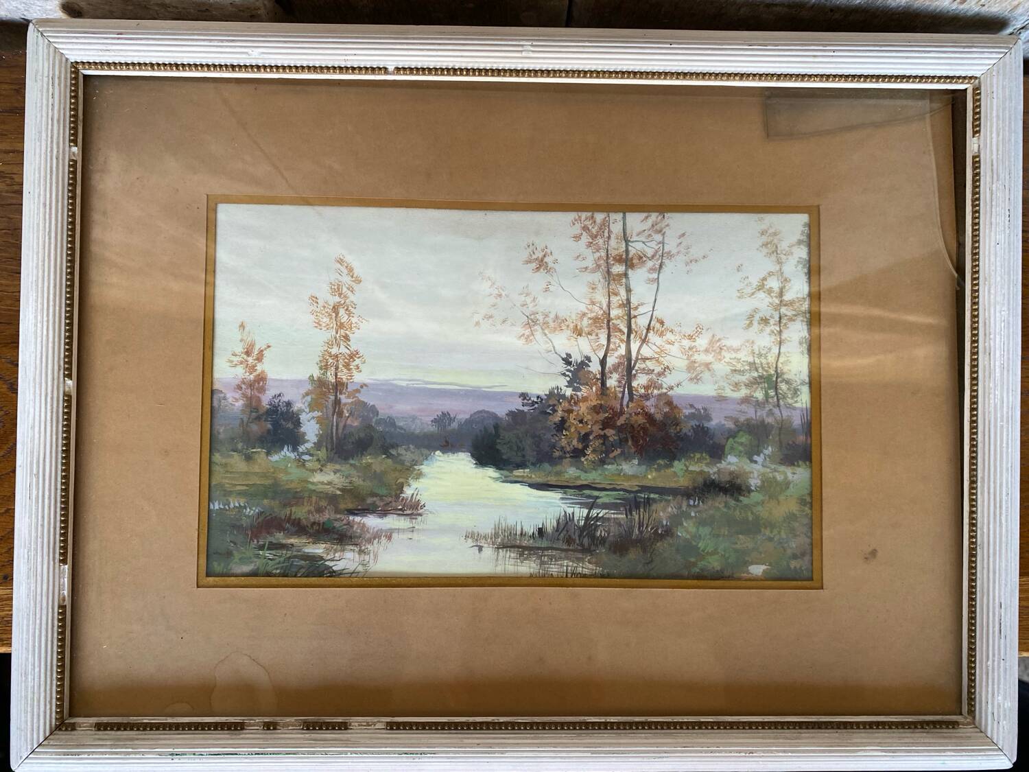 Old oil color landscape + vintage white wood frame