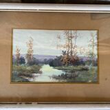 Old oil color landscape + vintage white wood frame