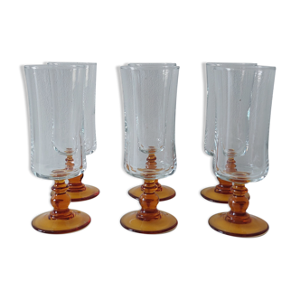 Set of 6 vintage amber foot glasses