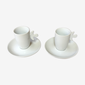 Duo of cups and under cups with white porcelain coffee S-P