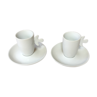 Duo of cups and under cups with white porcelain coffee S-P