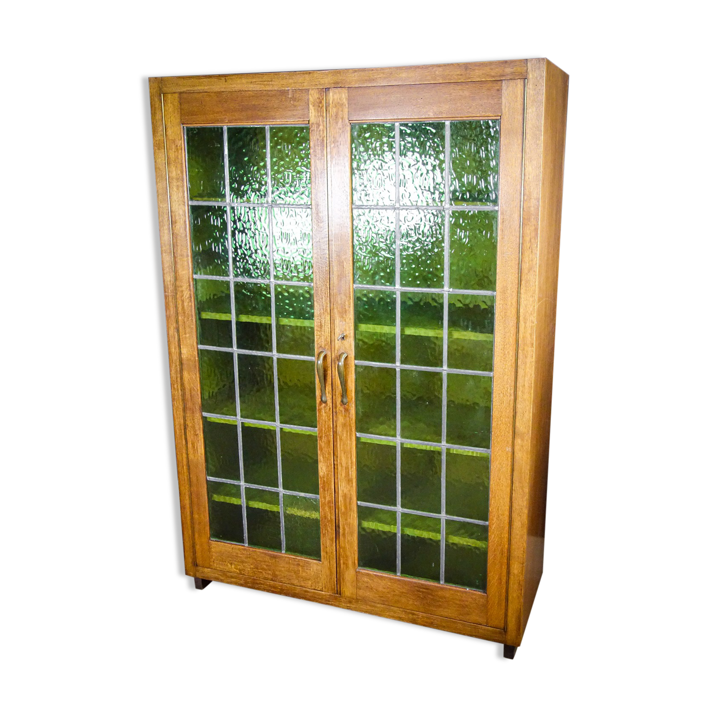 Bibliothèque antique avec portes en verre souillé Brun / Vert - années 1920
