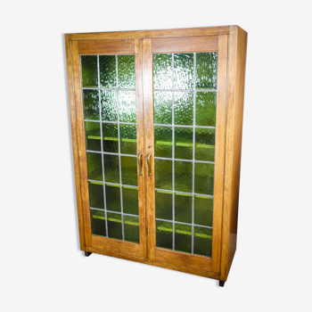 Antique Bookcase with Stained Glass Doors - Brown / Green - 1920s