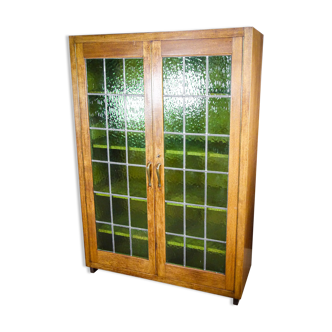 Antique Bookcase with Stained Glass Doors - Brown / Green - 1920s
