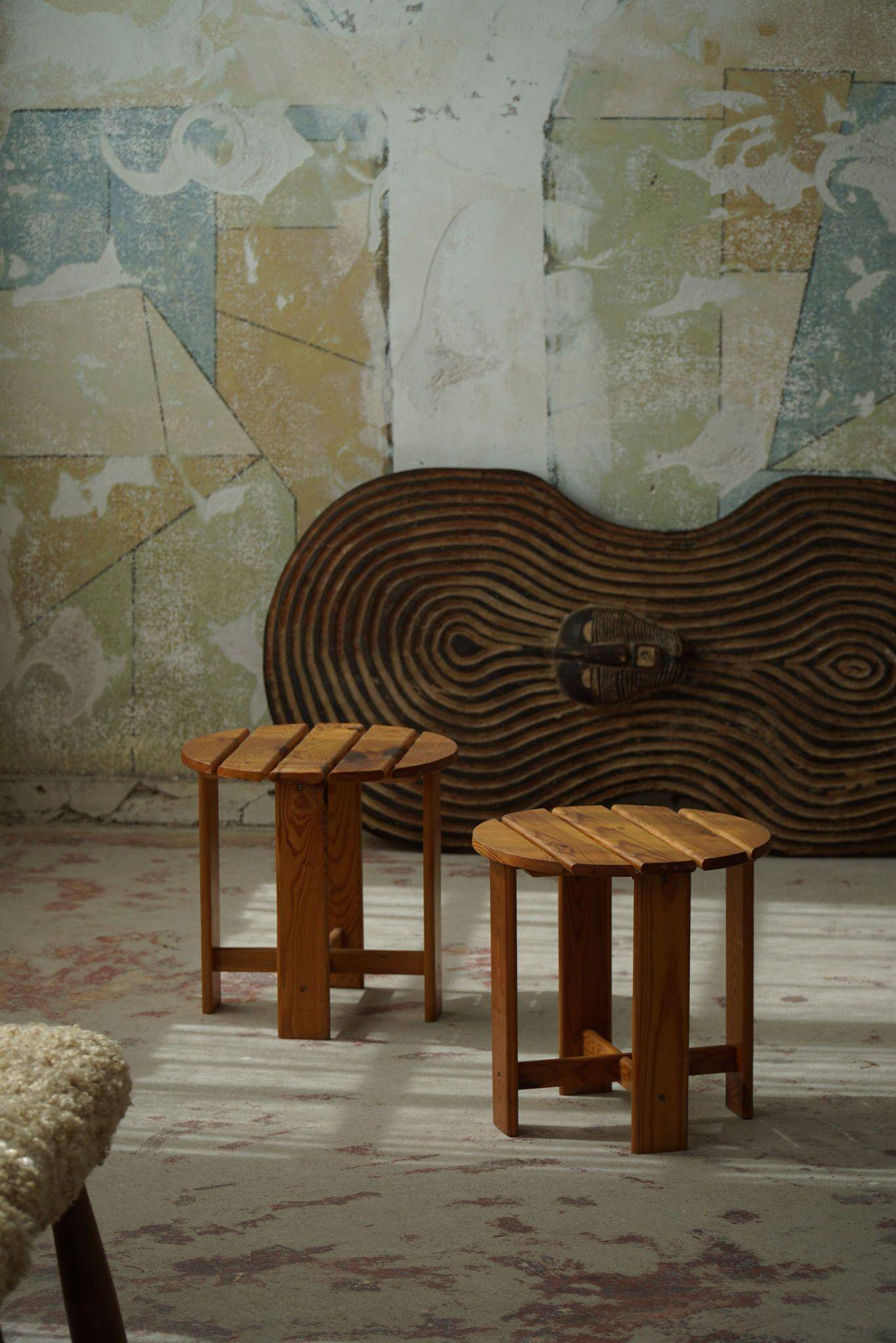 Pair of pine stools by a Swedish cabinetmaker, mid-century modern, 1960s.