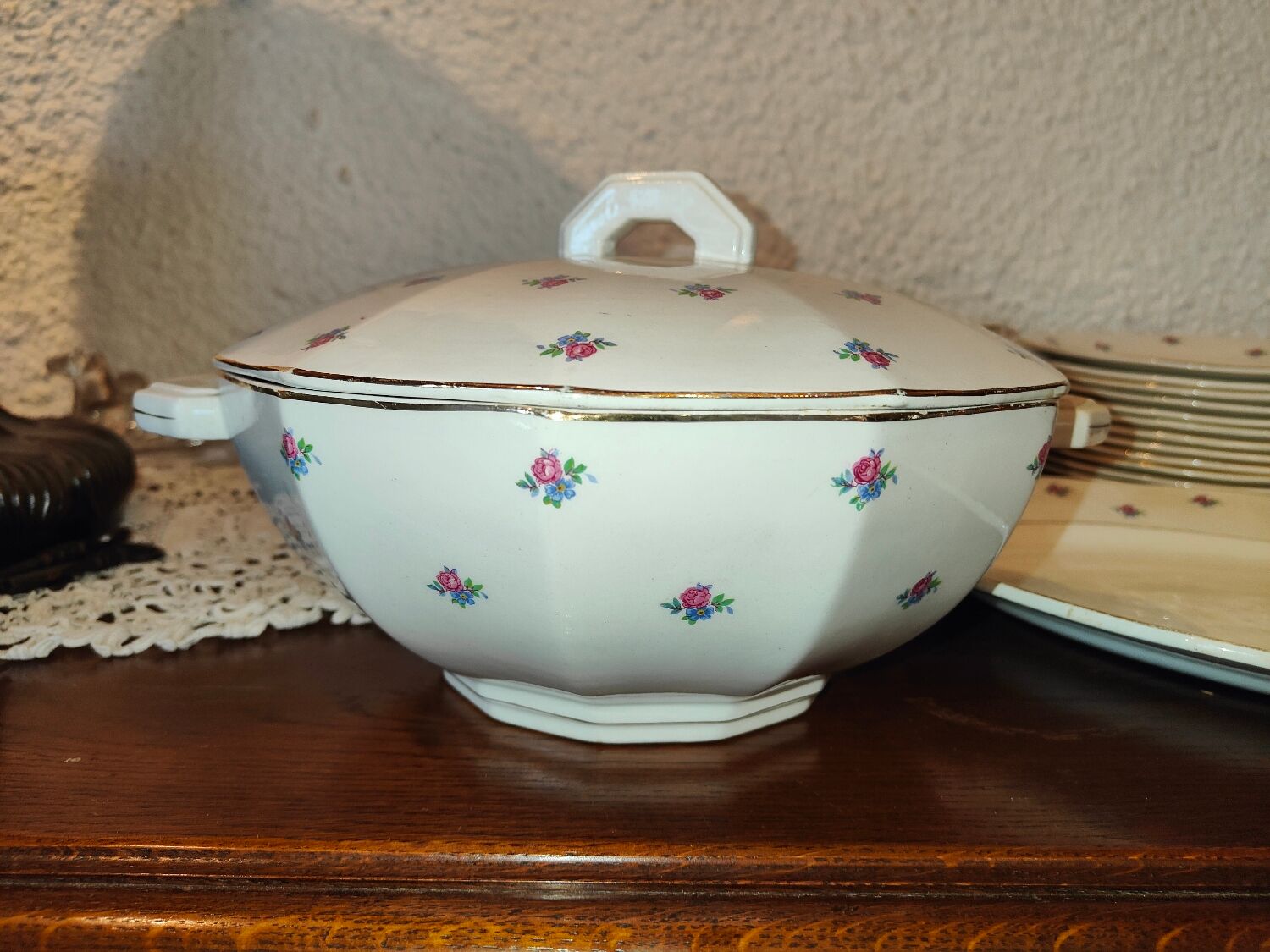 Old service 28 pieces porcelain KG Keller and Guérin Lunéville France decorated with flowers Rosita XIXth Century