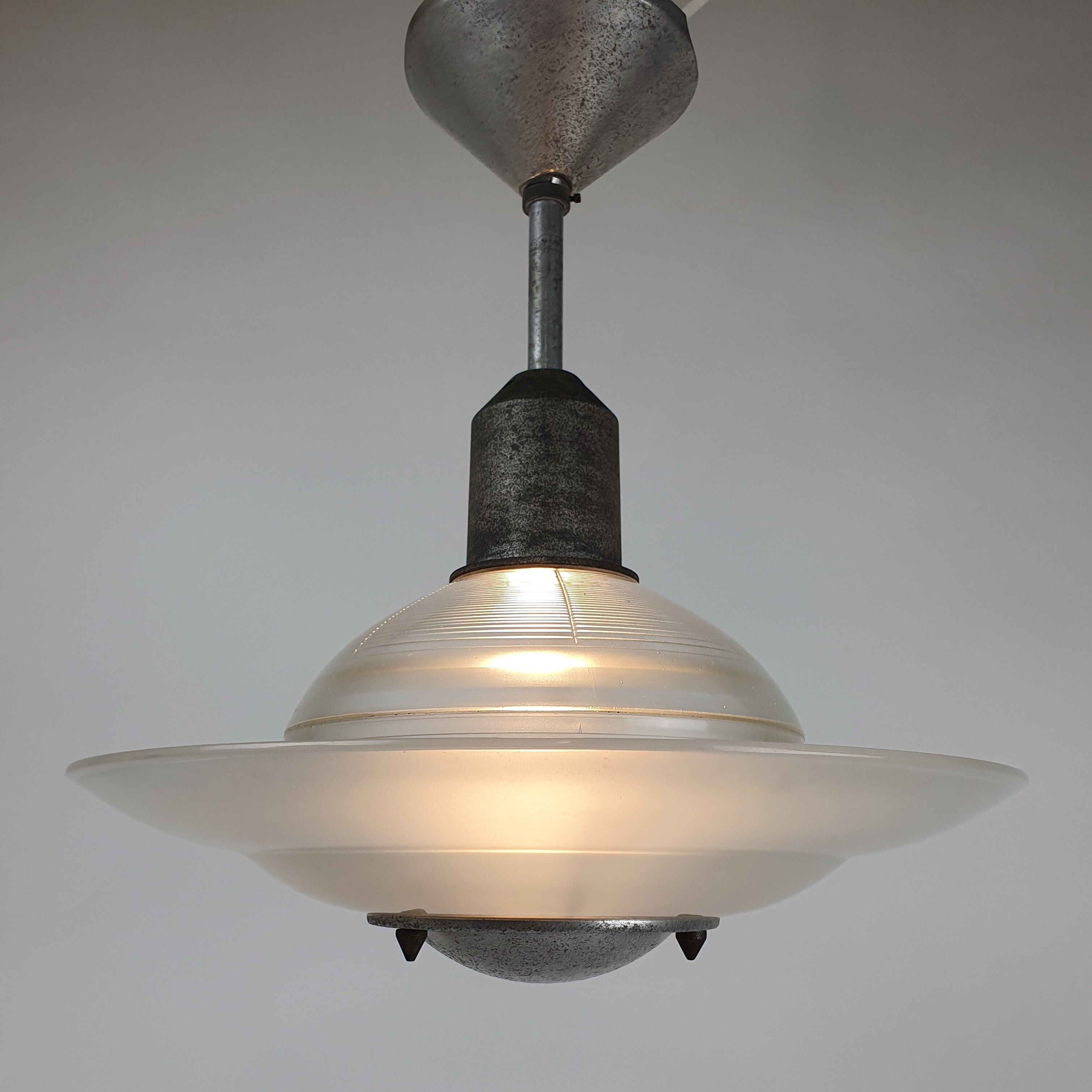 Art deco glass and steel ceiling lamp, 1920