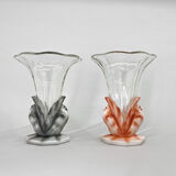 Set of Two Art Deco Dove Birds Glass Vases by Josef Feigl for Libochovice Glassworks, 1930s