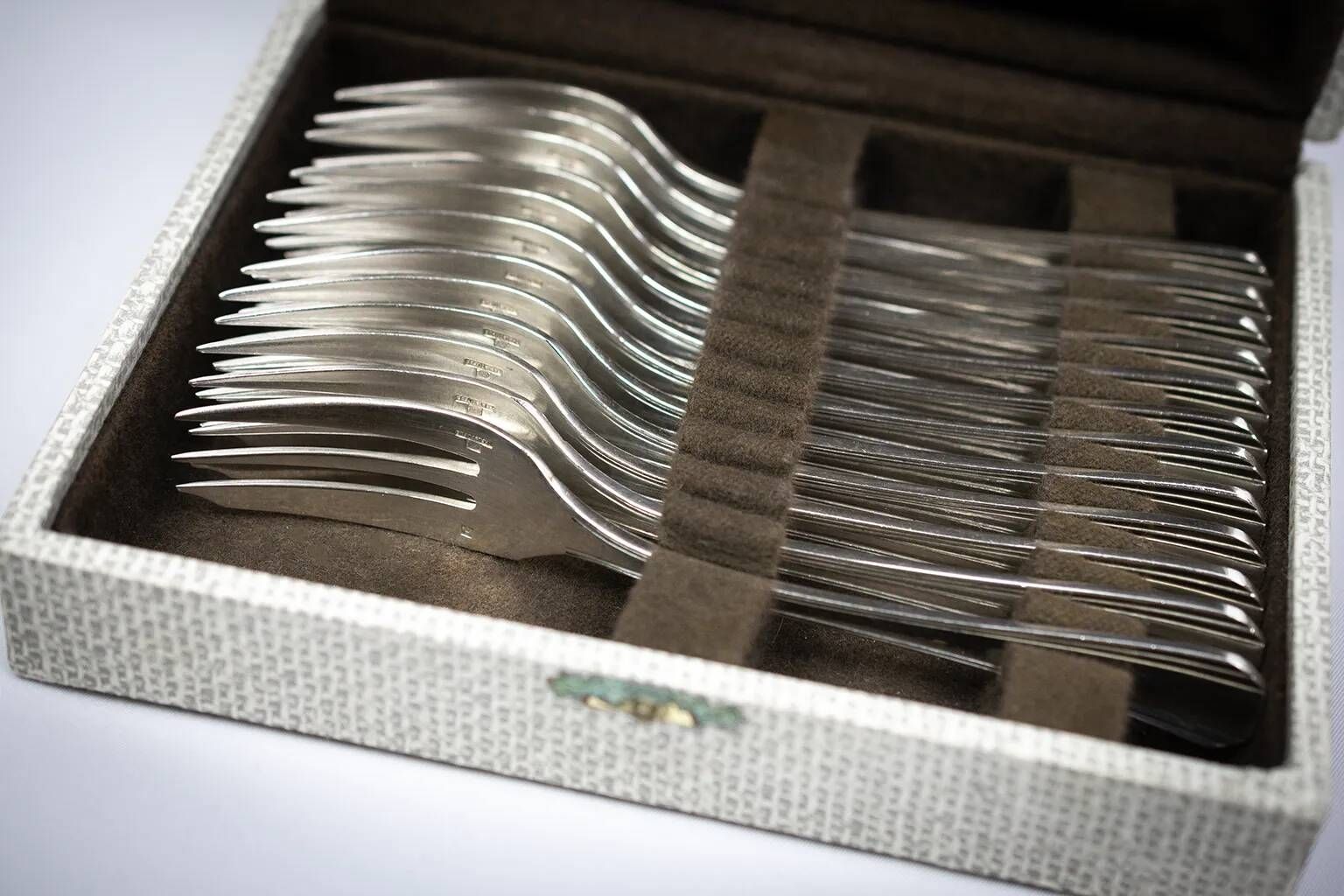 12 dessert forks Christofle Boréal by Luc Lanel, silver-plated metal