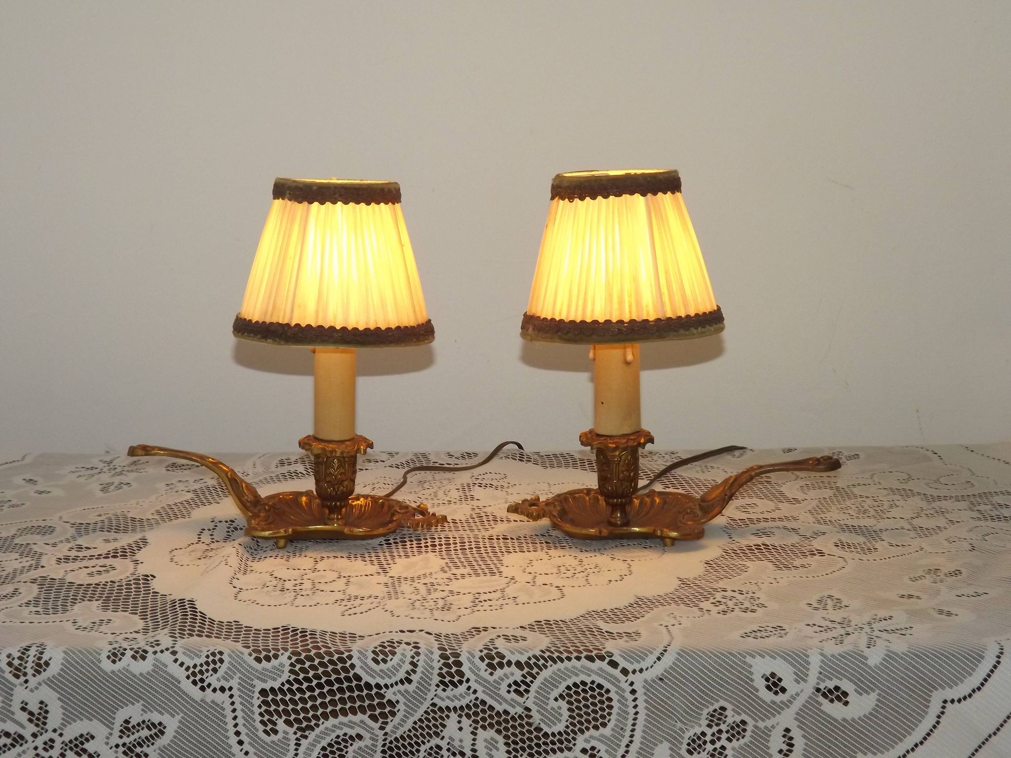 Pair Vintage French Bronze Candlestick Lamps Pleated Fabric Shades