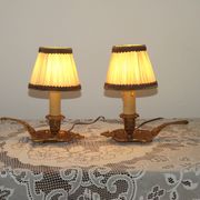 Pair Vintage French Bronze Candlestick Lamps Pleated Fabric Shades